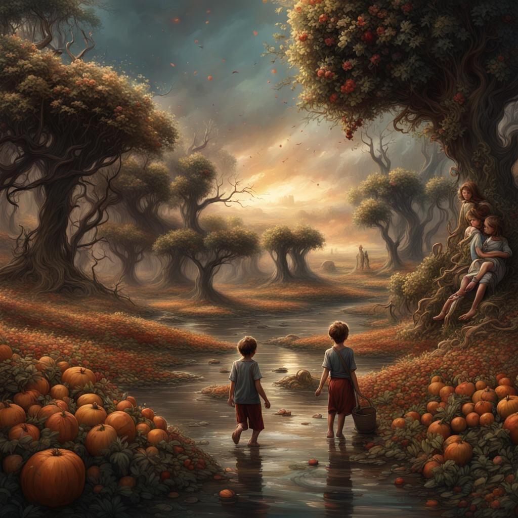 Children Playing in Meadow: Detailed Matte Painting