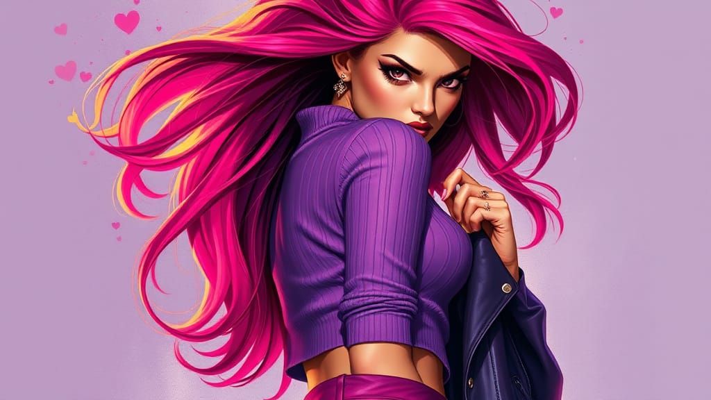 Woman with Pink Hair in Dreamlike Pin-Up Art Style