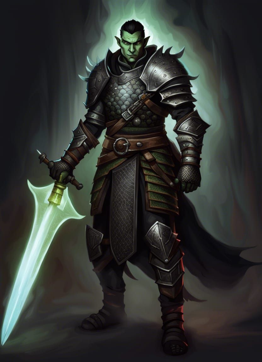 Half-Orc Warlock with Glowing Greatsword in D&D Style