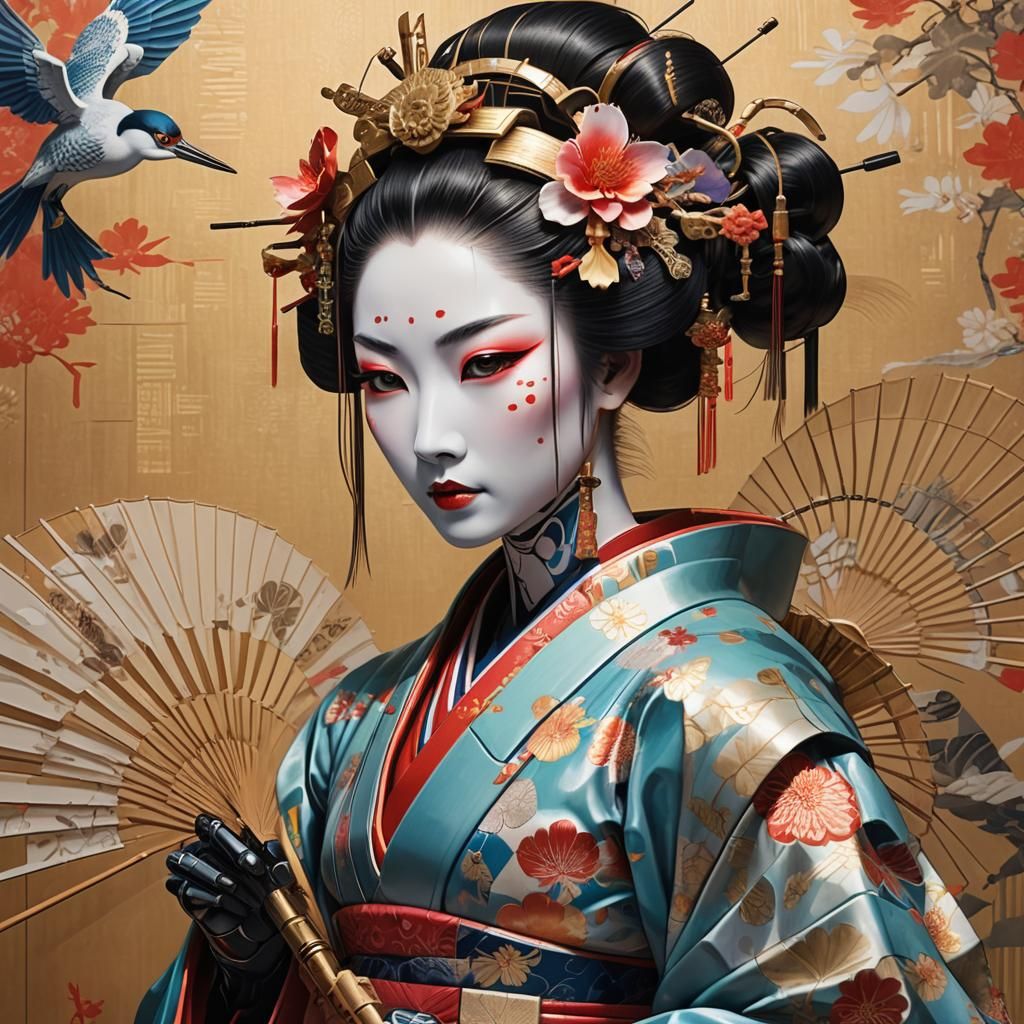 Robot Geisha with Fan: Hyperrealistic Digital Art
