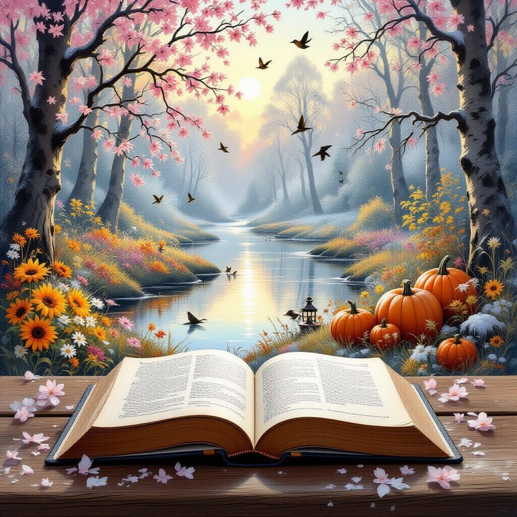 Open Book Reveals Four Magical Seasons in Enchanted Forest