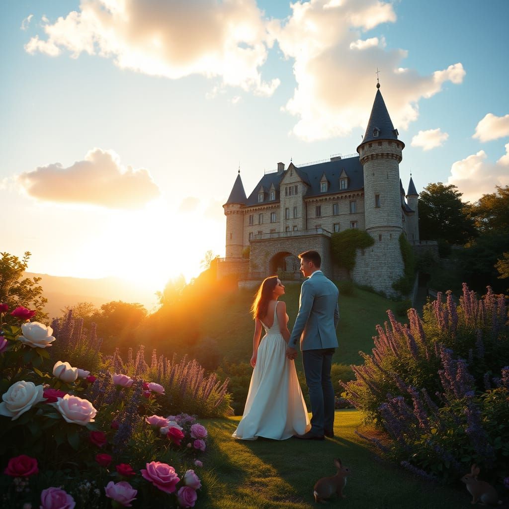 Fairytale Castle at Sunset with Loving Couple