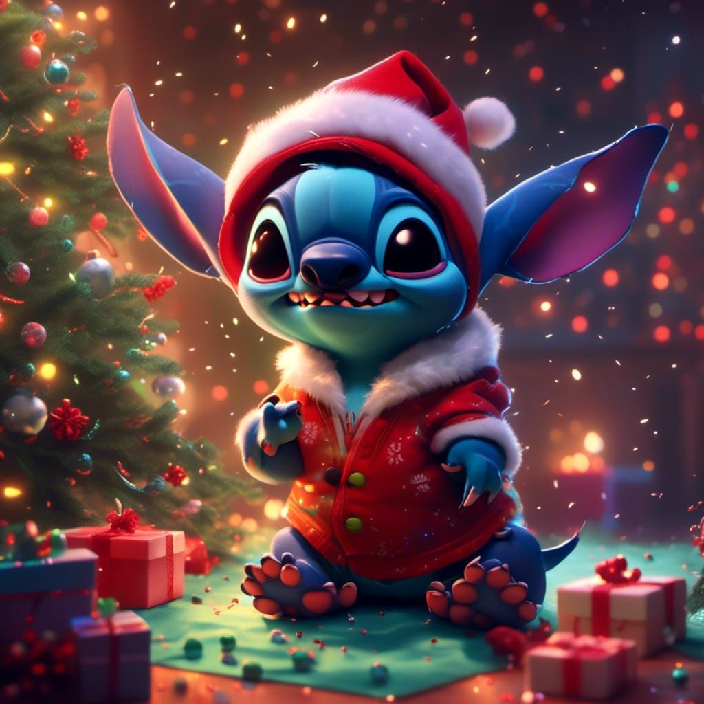 Stitch at Christmas Party in Cartoon Style
