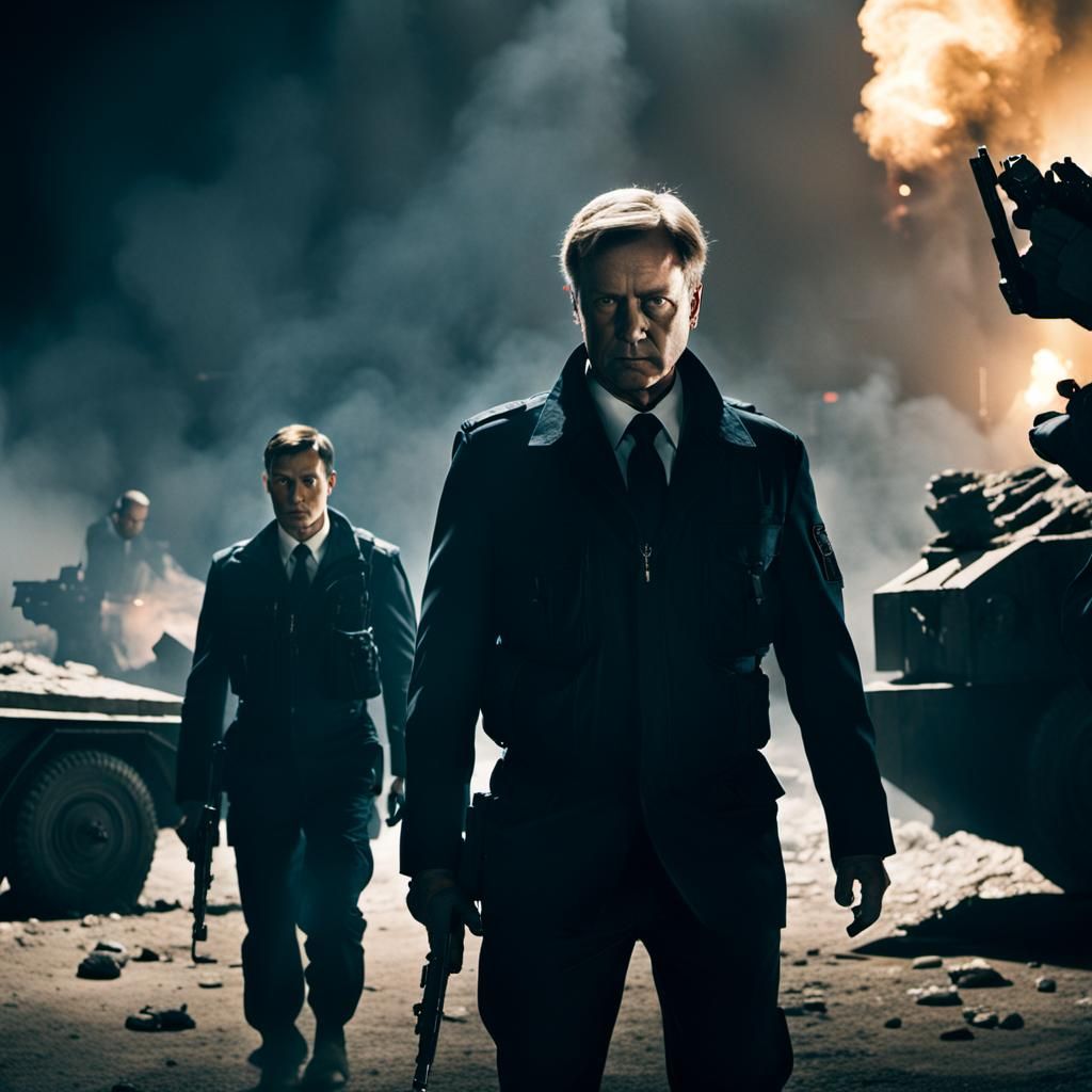 Noir Thriller: Shadowy Bunker Showdown in Cinematic Style