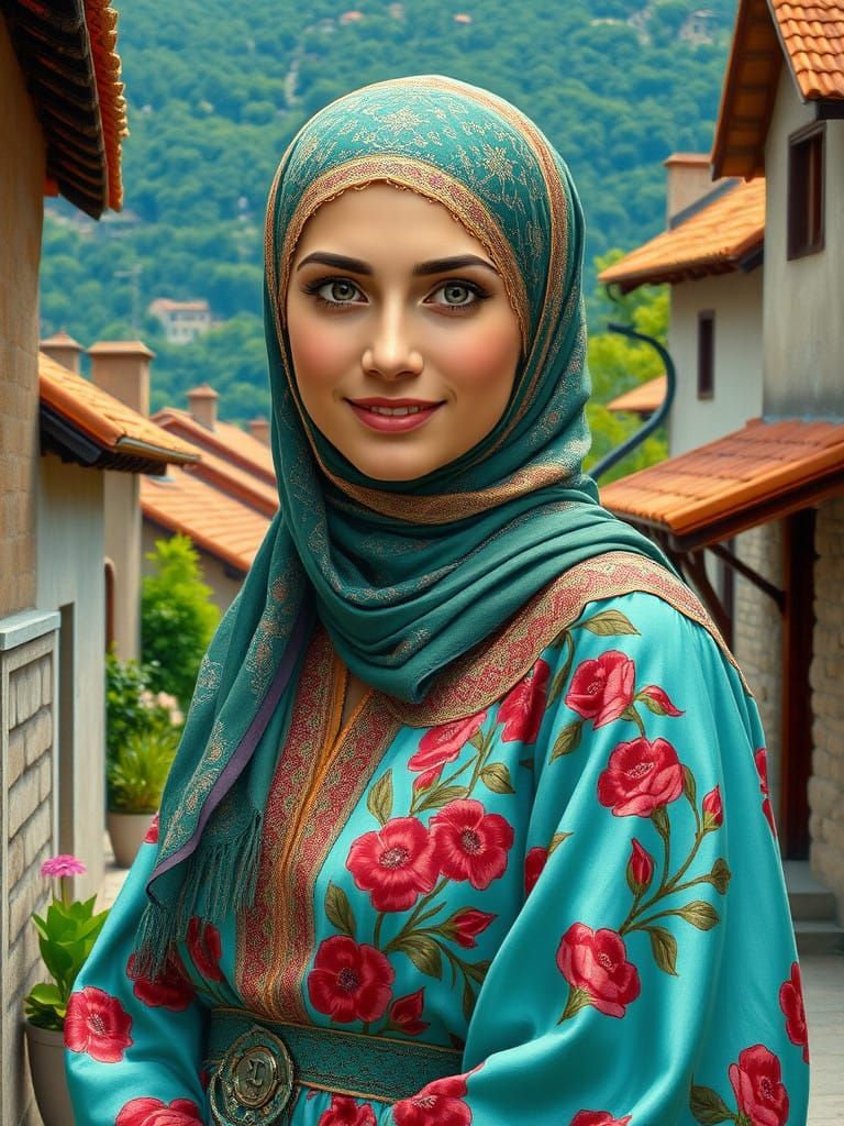 Young Georgian Woman in Hijab Adorns Quaint Village