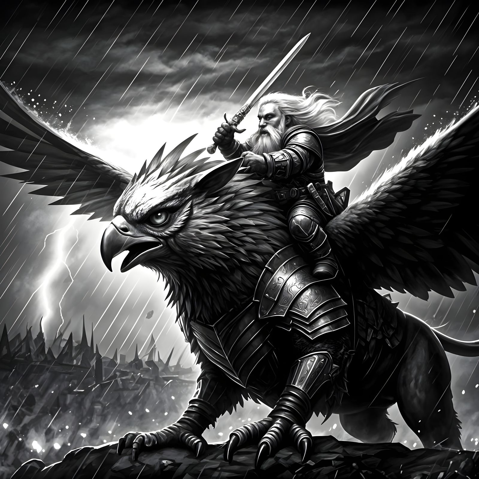 Armored Dwarf and Griffon Ride into Battle