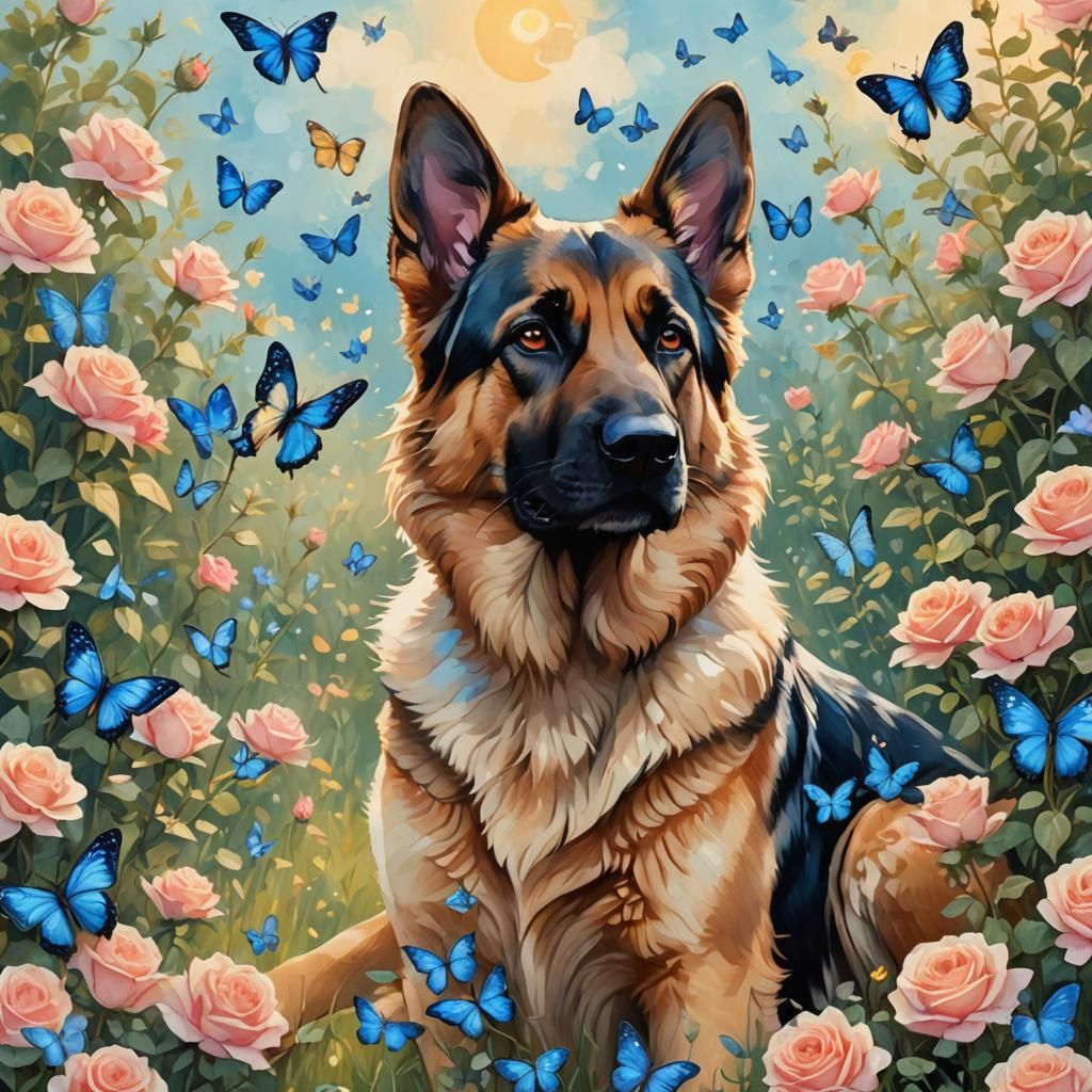 Anime German Shepherd with Blue Butterflies
