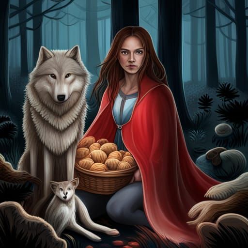 Hyperrealistic Little Red Riding Hood in Dark Forest