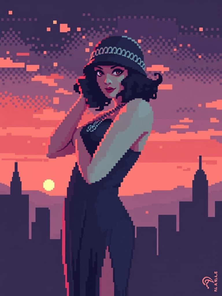 Vintage Flapper Lady in Pixel Art Style