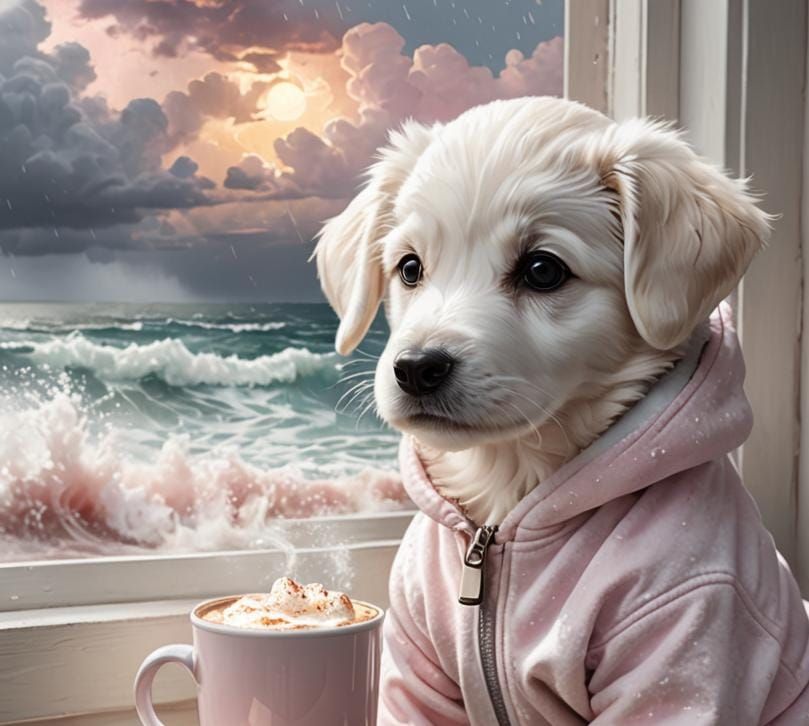 Adorable Puppy Enjoys Stormy Beach View