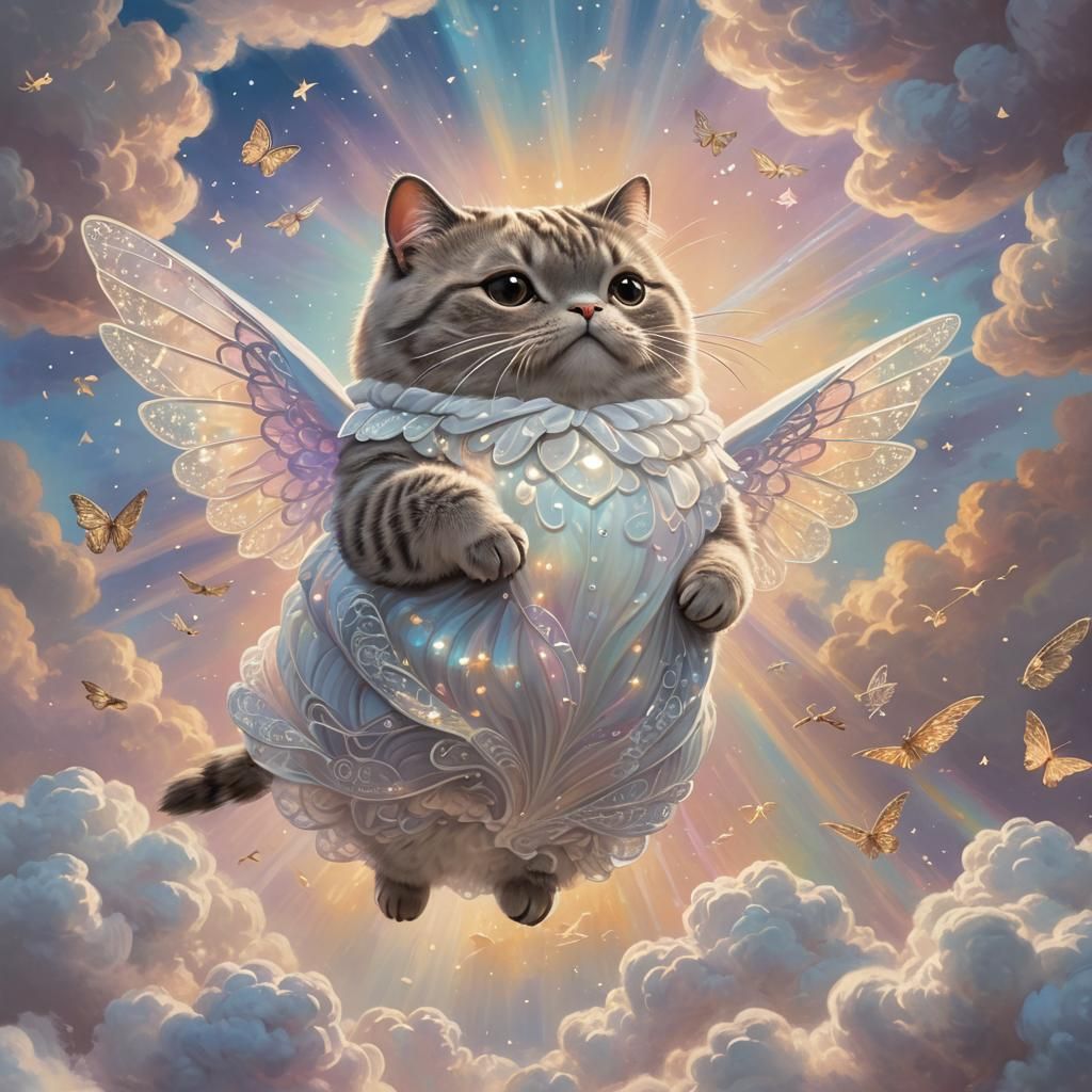 Pusheen in White Gown Flying Through Clouds