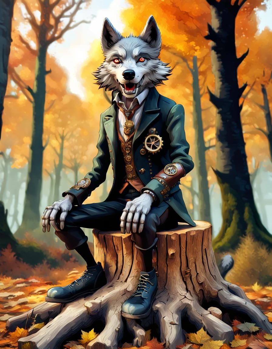 Steampunk Wolf in Autumn Fantasy Forest