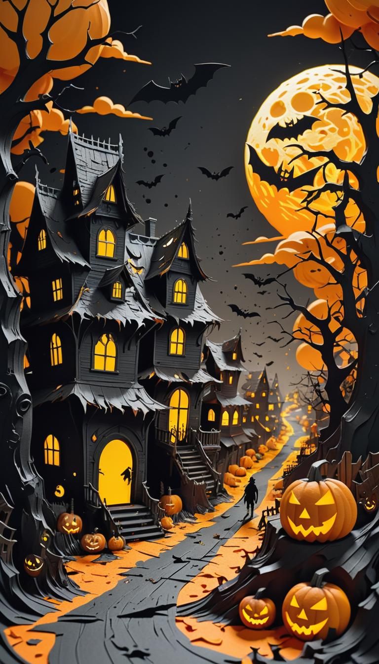 Halloween Town Kirigami with Yellow Moon
