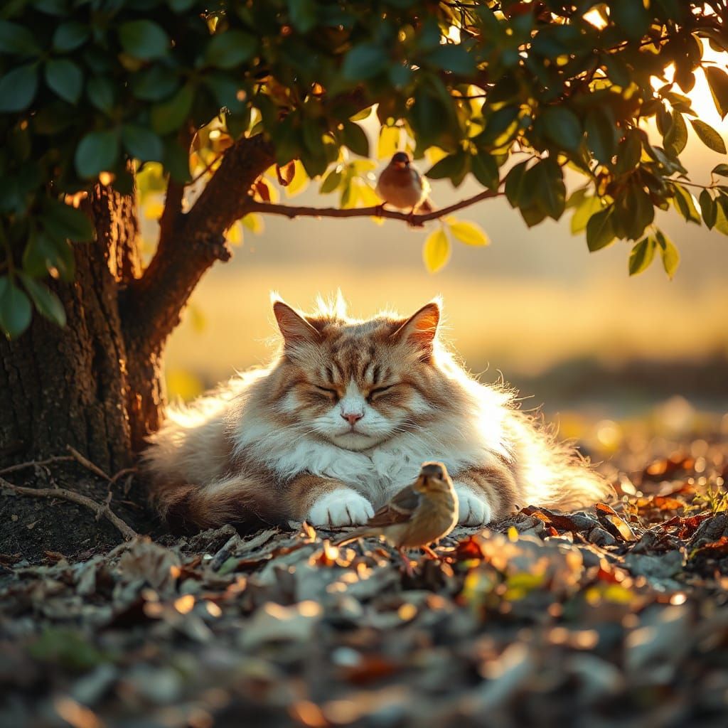 Fluffy Cat Napping in Golden Light