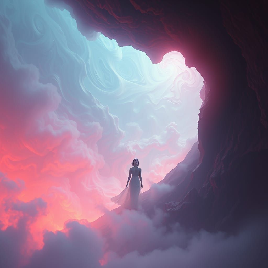 Ethereal Figure Awakens to Reality Dissolving into Mist