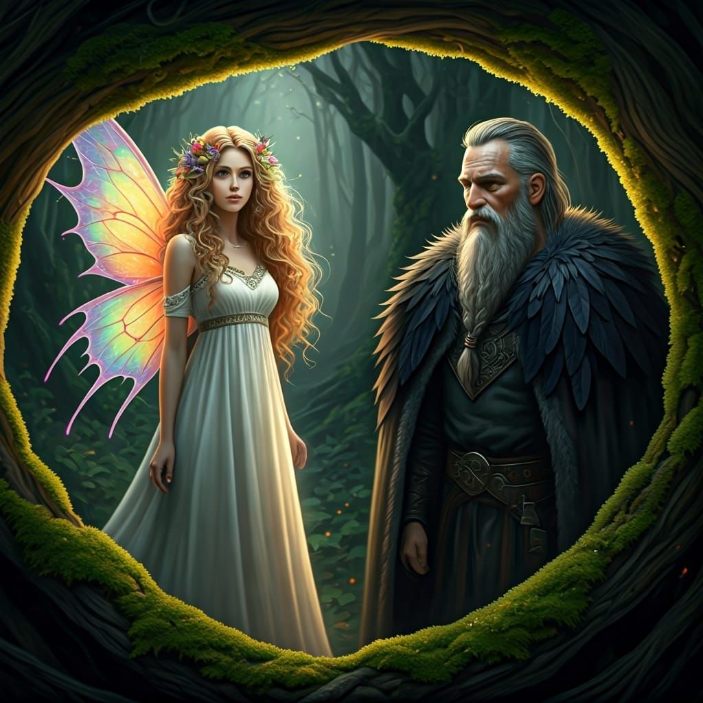 Ethereal Fairy and Viking Warrior in Moonlit Grove