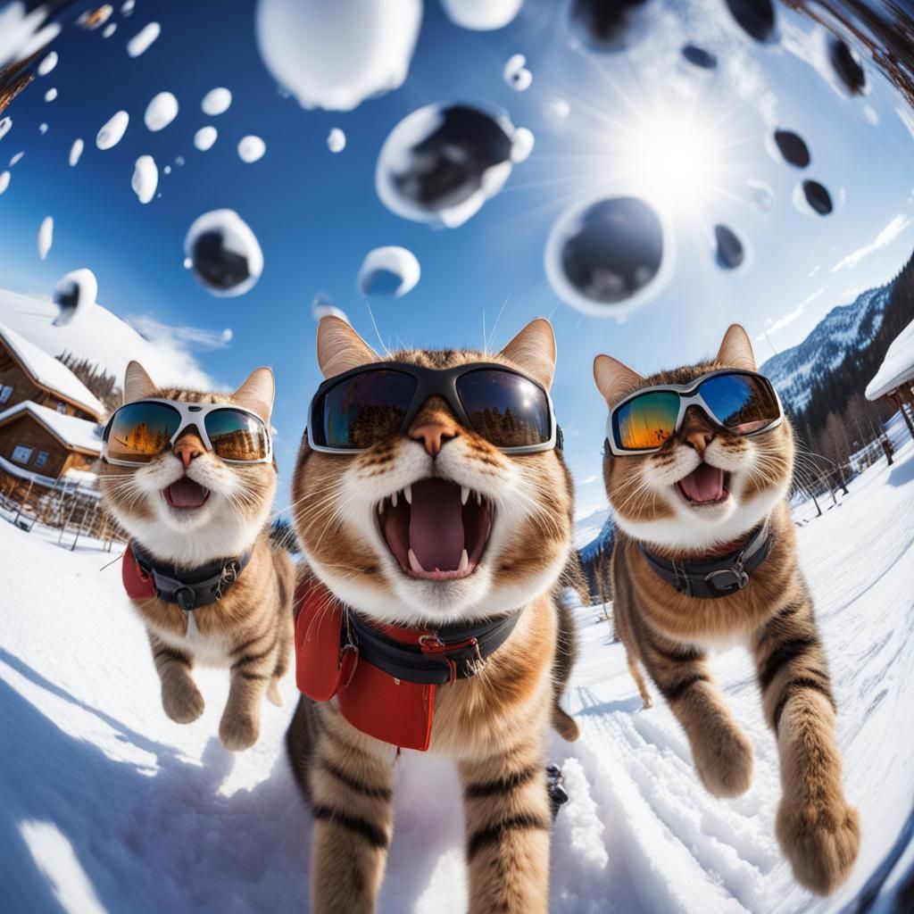 Happy Cats Selfie at Winter Ski Resort