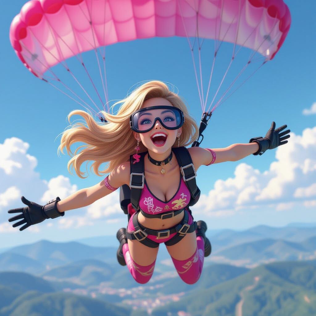 Anime-Inspired Skydiver with Pink Parachute