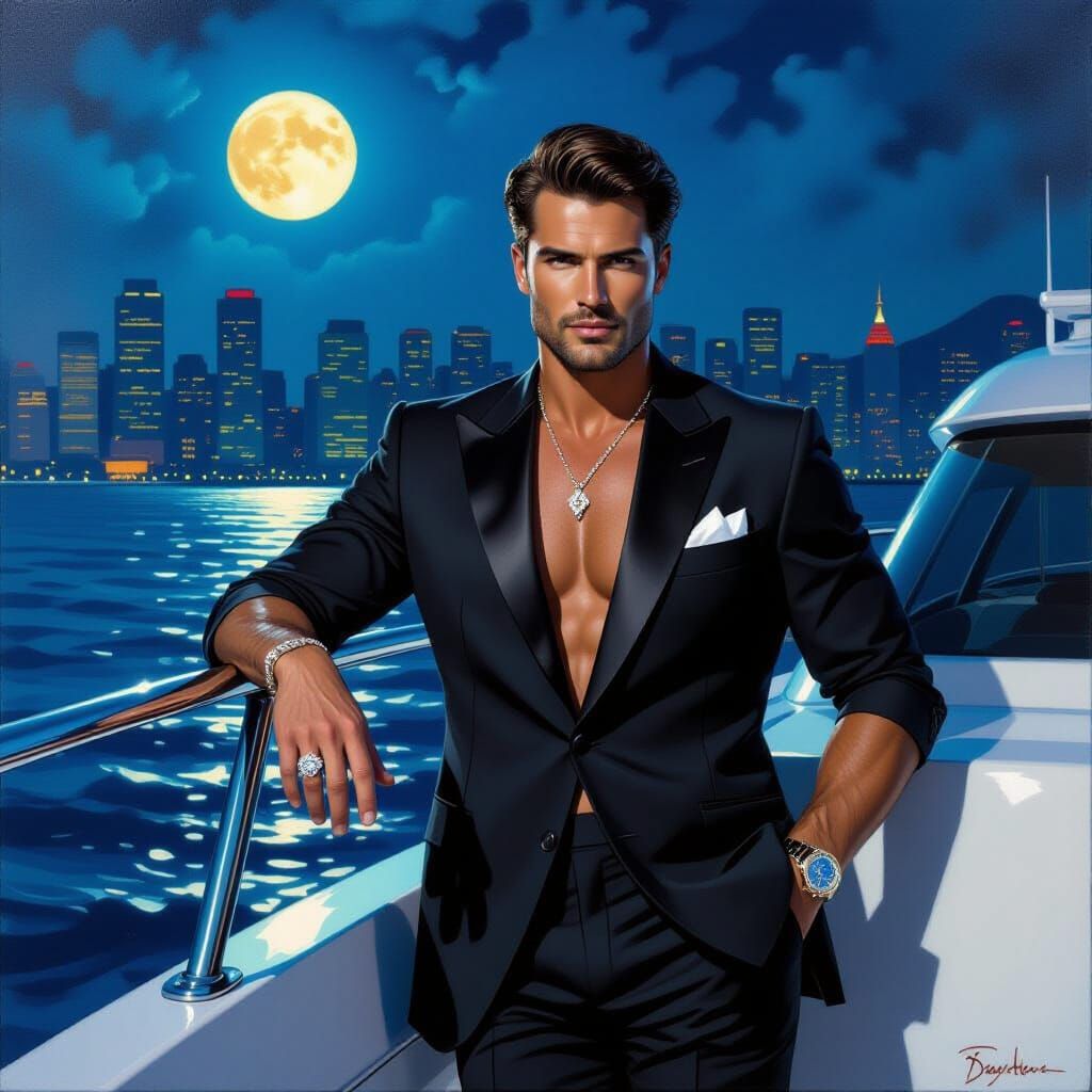 Yacht Deck Portrait with City View as Airbrush Oil Painting