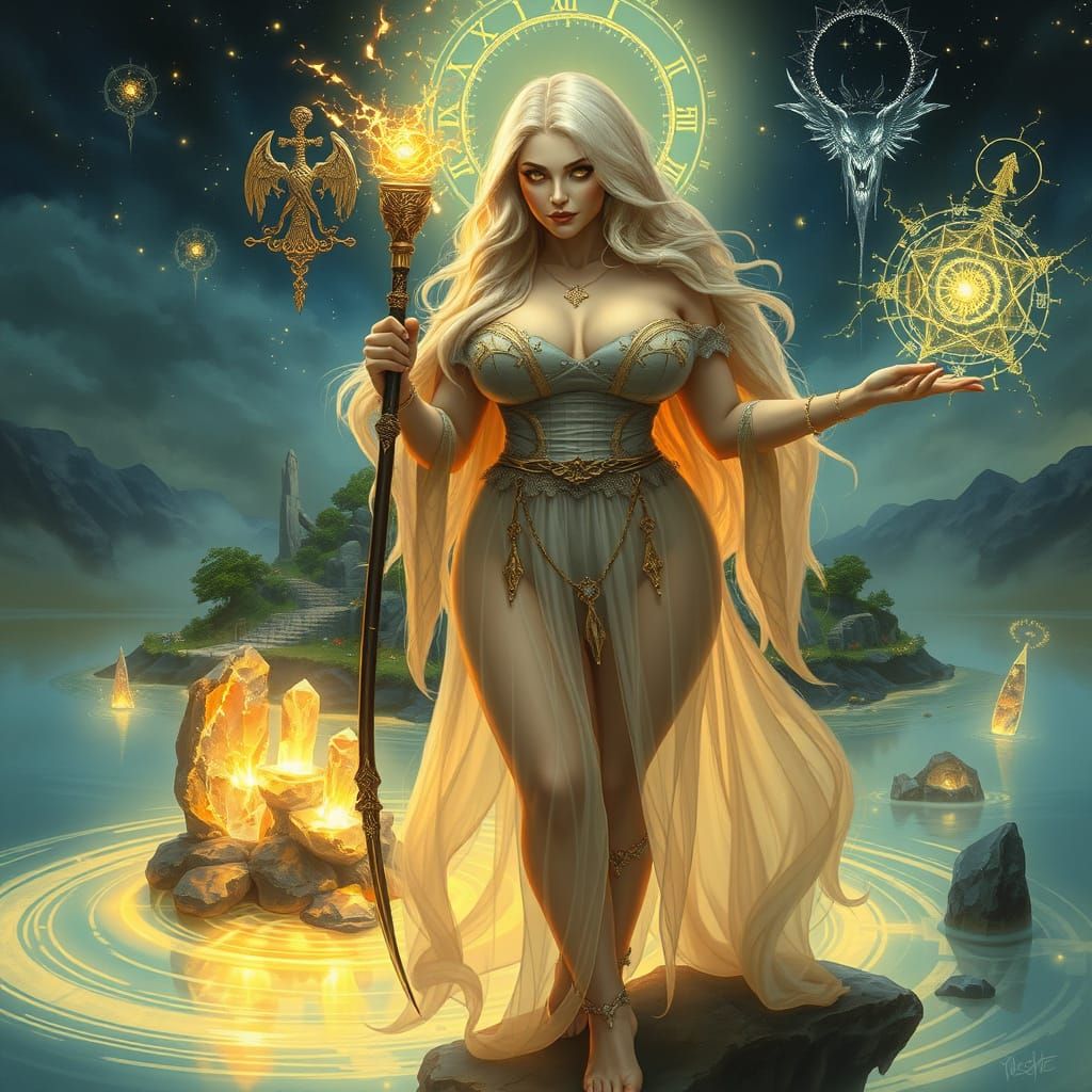 Celestial Sorceress Above Glowing Lake in Realism
