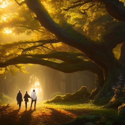 Elderly Couple in Autumnal Oak Tree Digital Painting