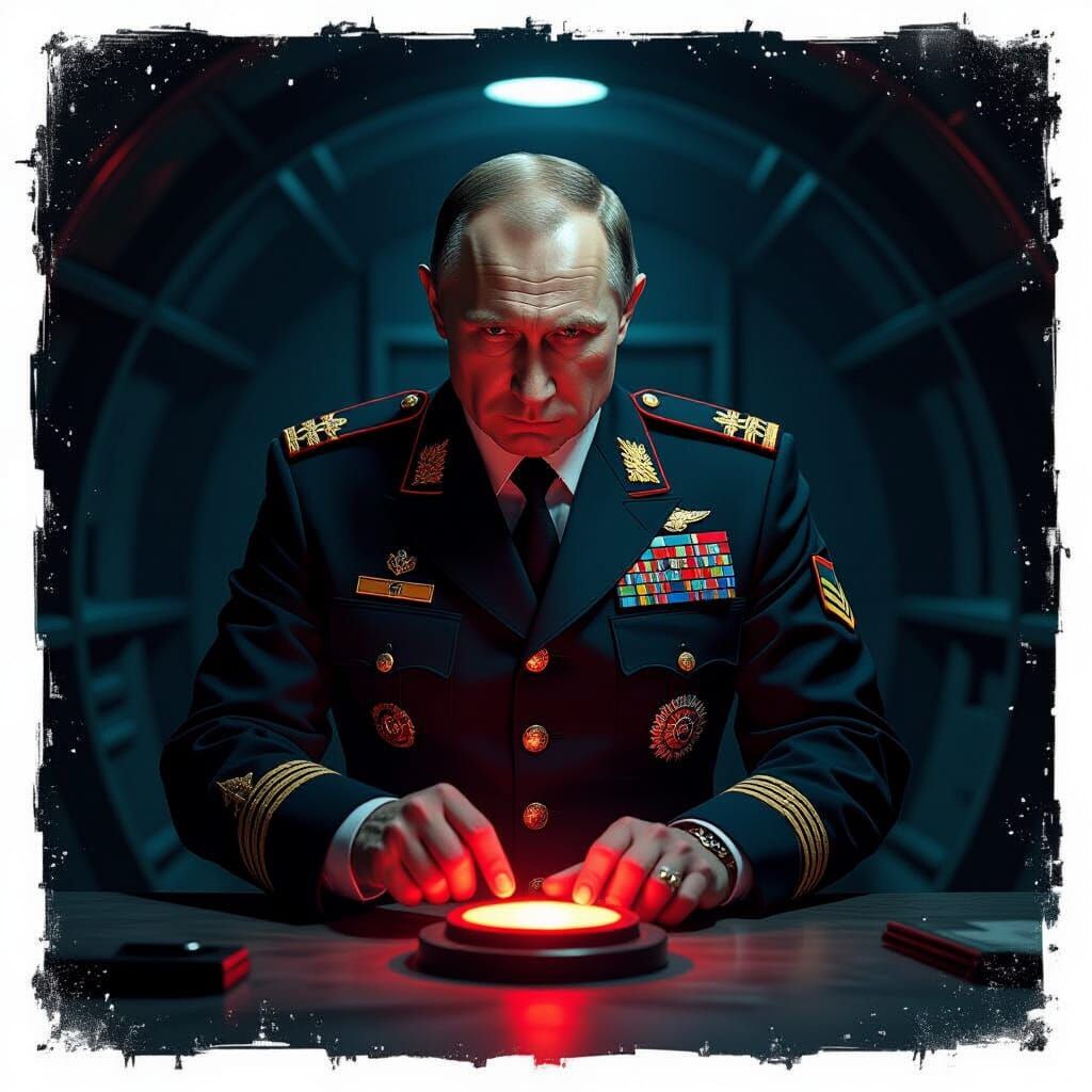 Putin in Bunker with Glowing Red Button