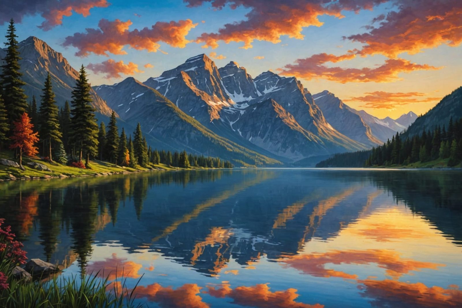 Breathtaking Sunset Over Mountain Lake Painting