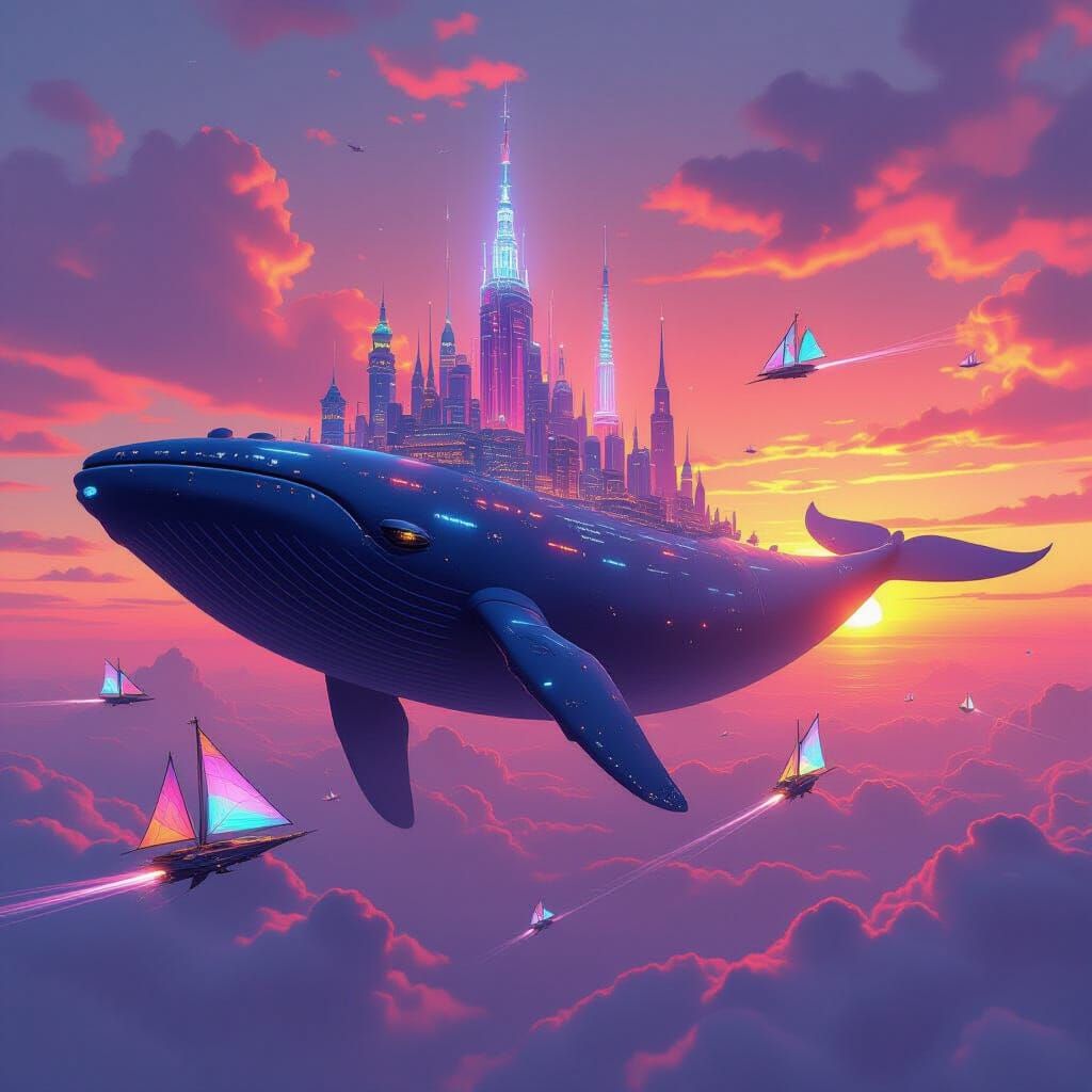 Whale with Glowing City Drifting in Sunset Sky