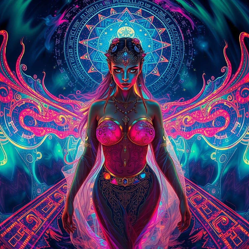 Mystical Goddess Emerges from a Realm of Vibrant Psychedelia