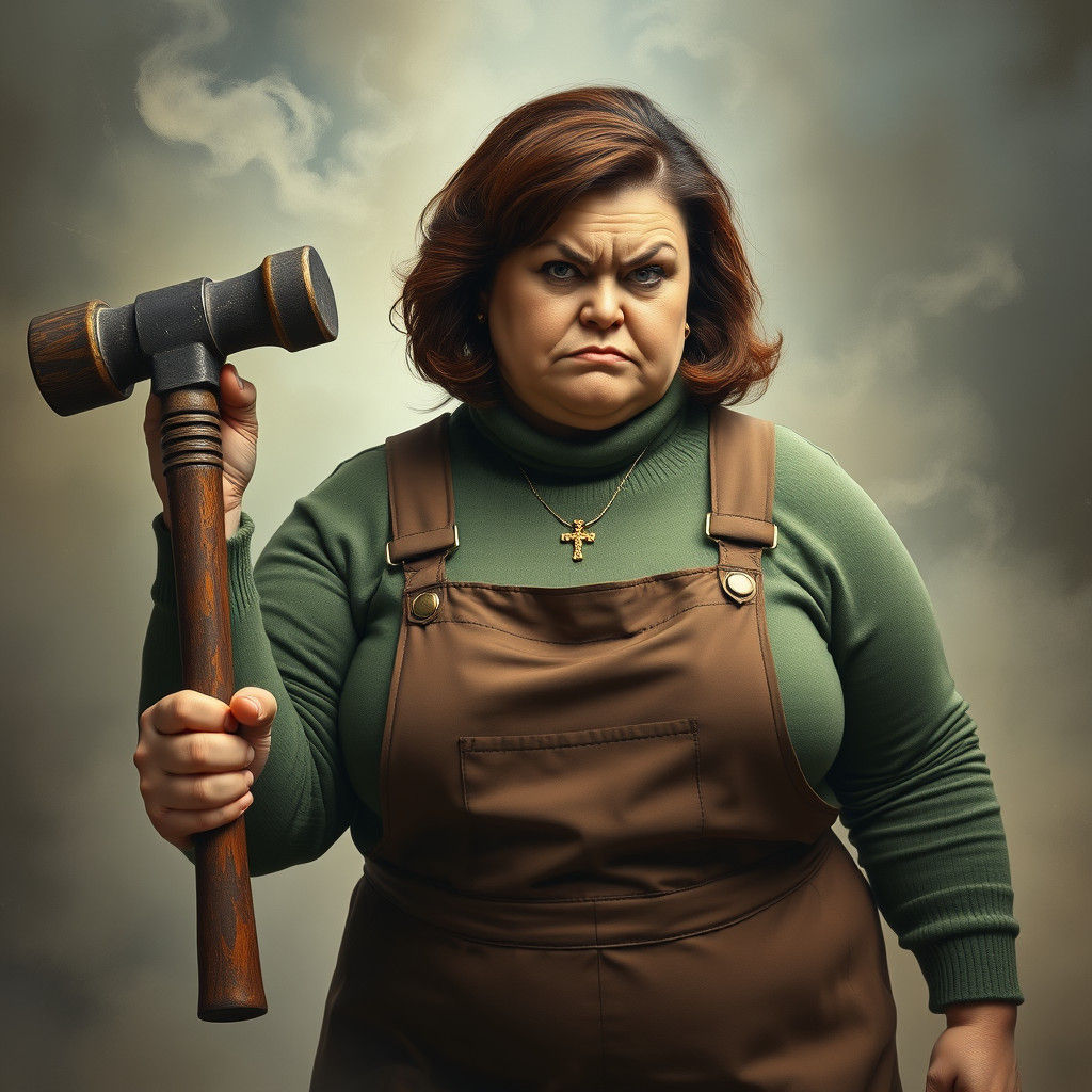 Furious Woman with Sledgehammer in Dreamy Landscape
