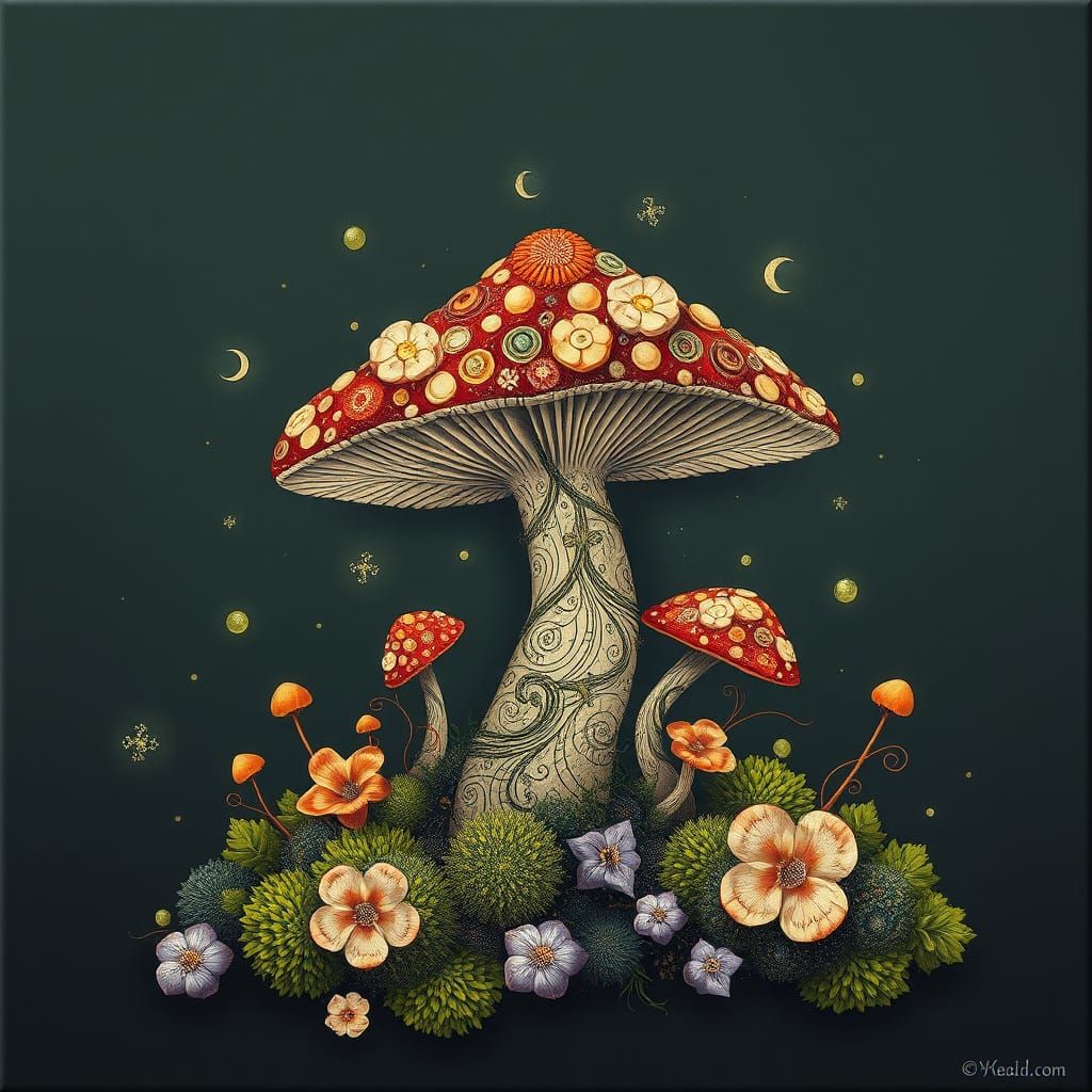 Surreal Organic Mushroom Blooms in Dreamy Woodland Landscape