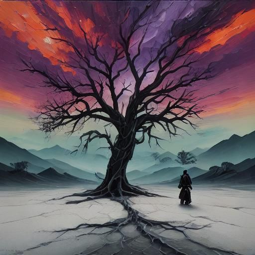 Orange Samurai in a Sunset Landscape