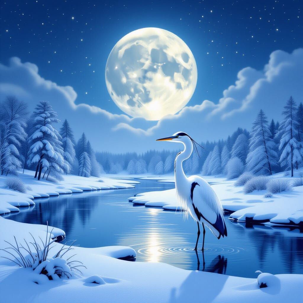 Heron and Moonlit River in Snowy Landscape