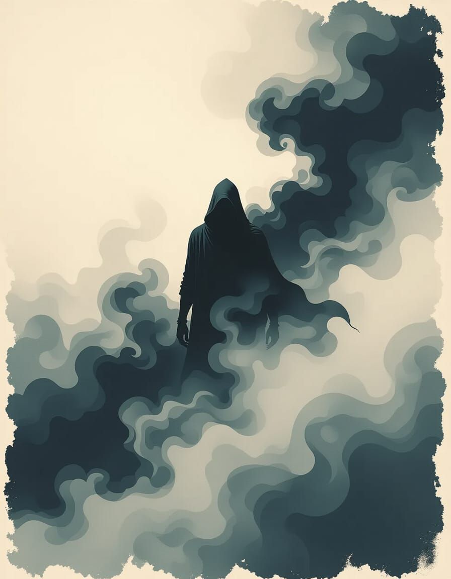 Hooded Figure Emerging from Dark Fog