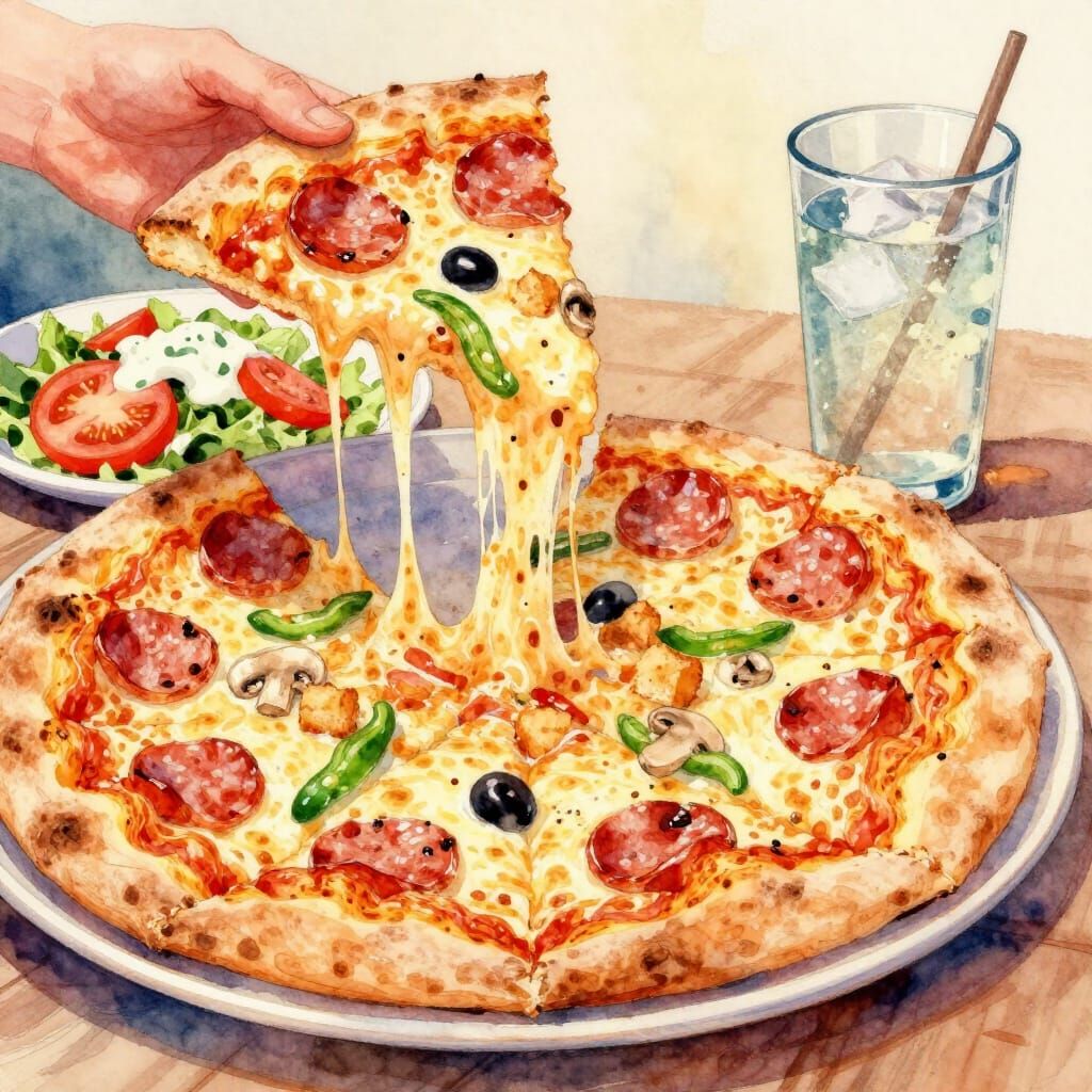 Melted Cheese Pizza Slice Watercolor Painting