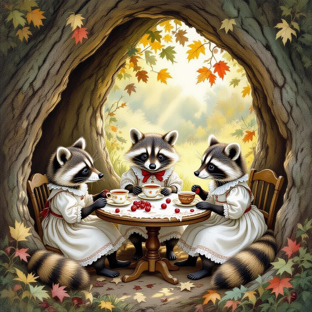 Victorian Raccoons' Tea Party in Rustic Style
