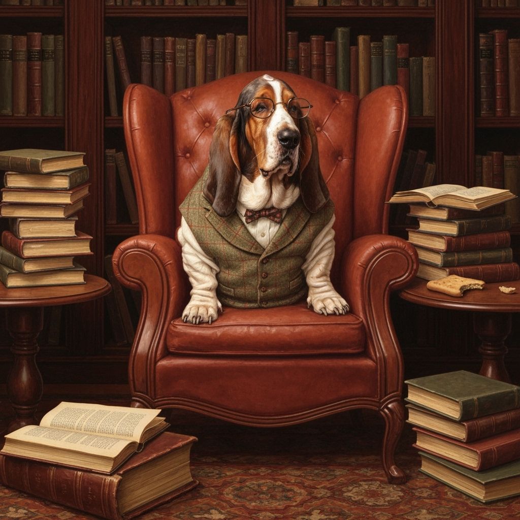 Scholarly Basset Hound in Library, Norman Rockwell Style