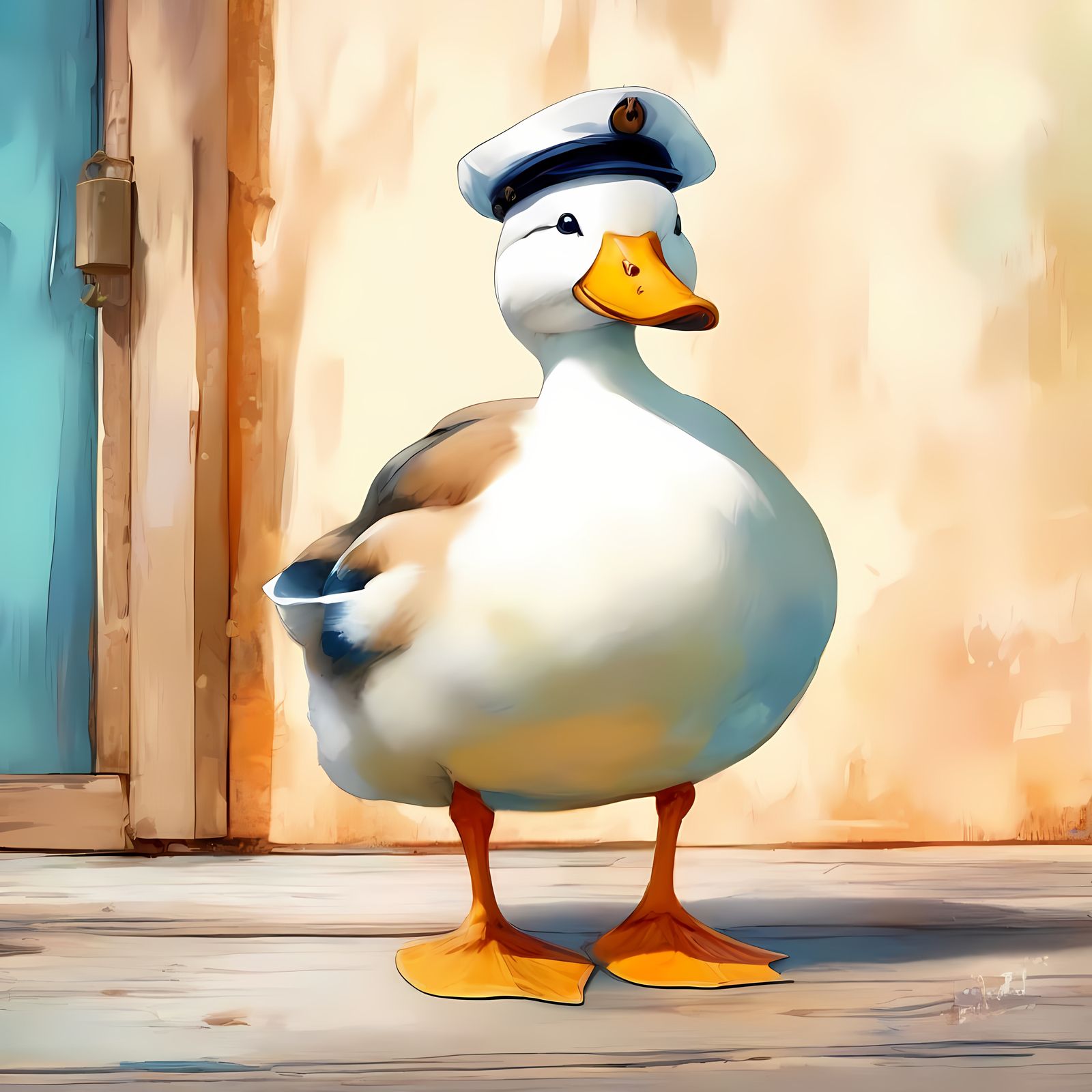 Whimsical Sailor Duck in a Seaside Setting