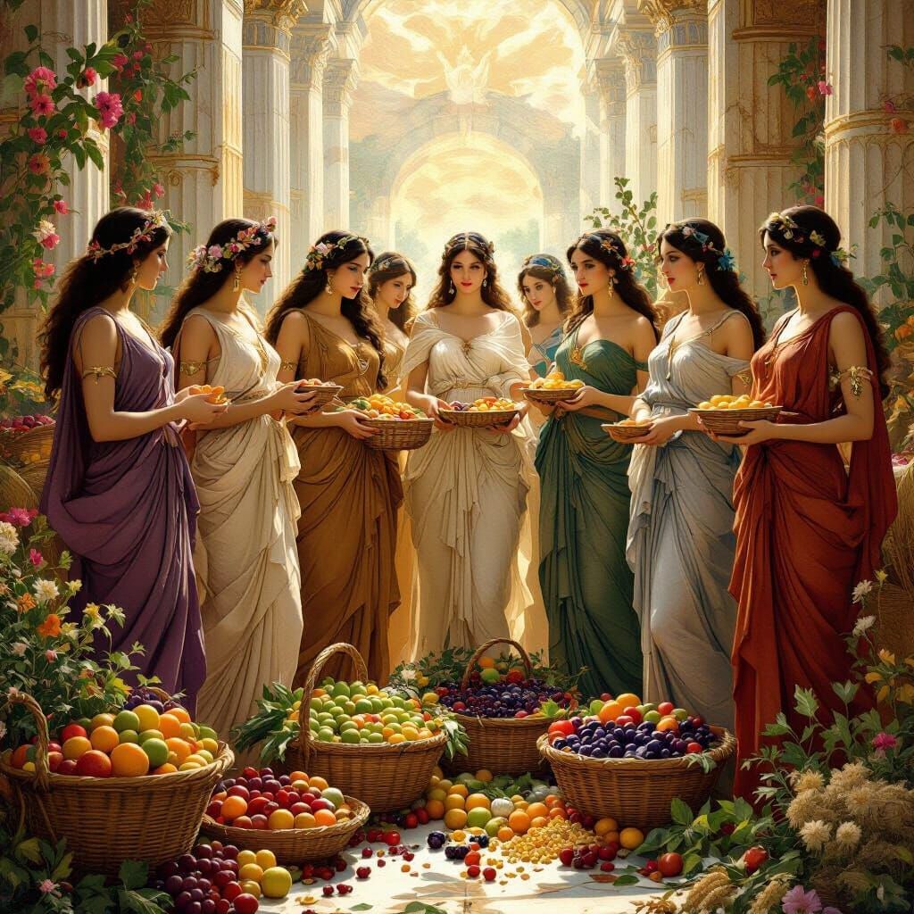 Greek Goddesses Celebrate Bountiful Harvest in Divine Halls