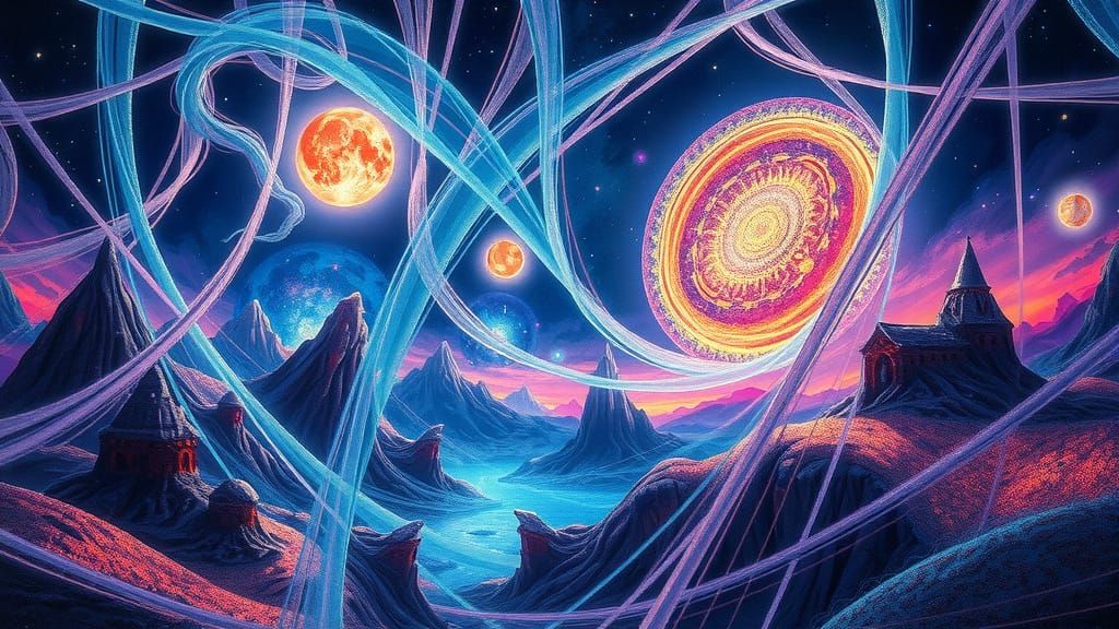 Quantum Knitting Cosmos in Vibrant Surrealist Style