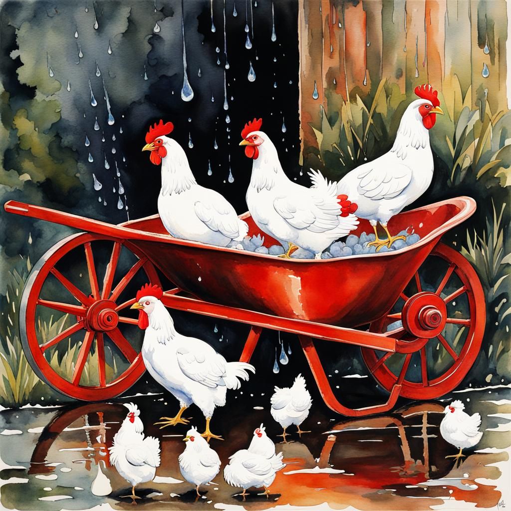 Red Wheelbarrow Beside White Chickens Watercolor