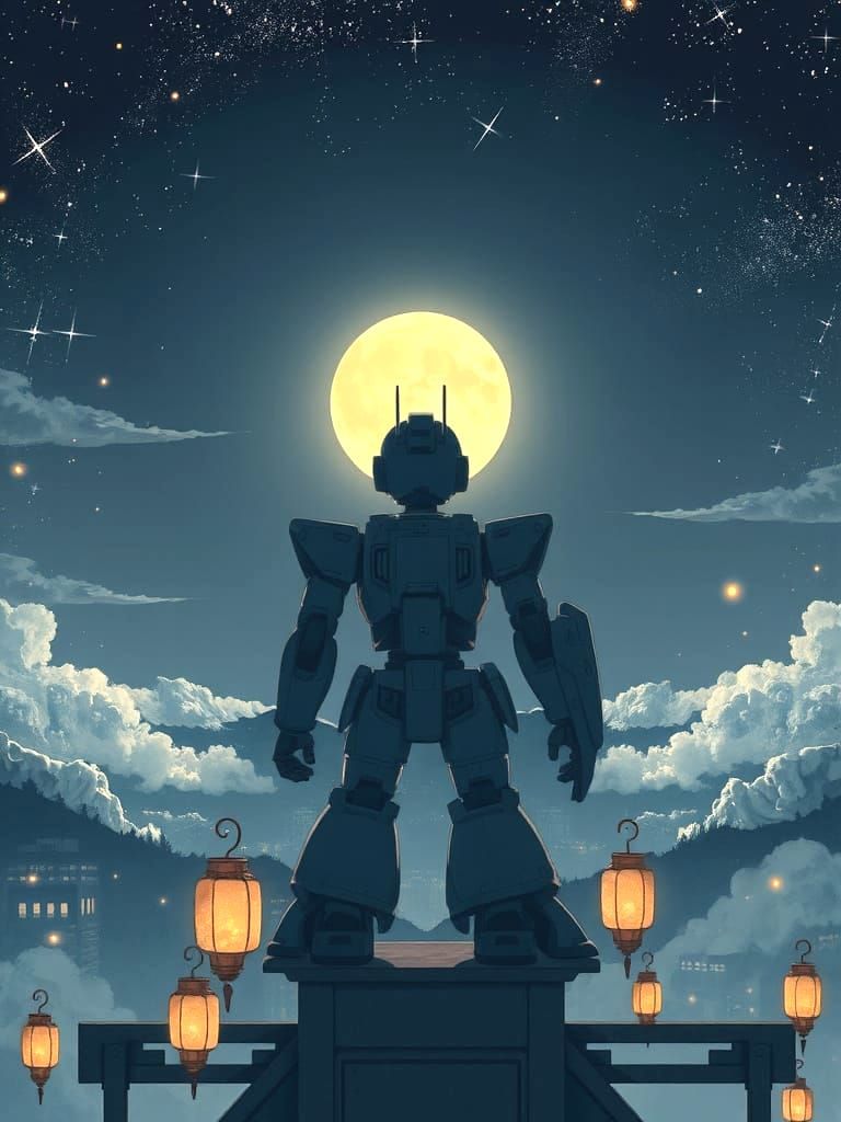 A contemplative anime-style mecha