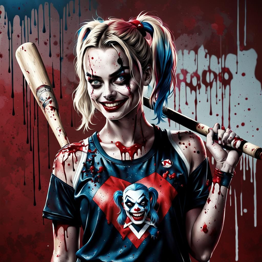 Hyperrealistic Harley Quinn with Bloody Bat