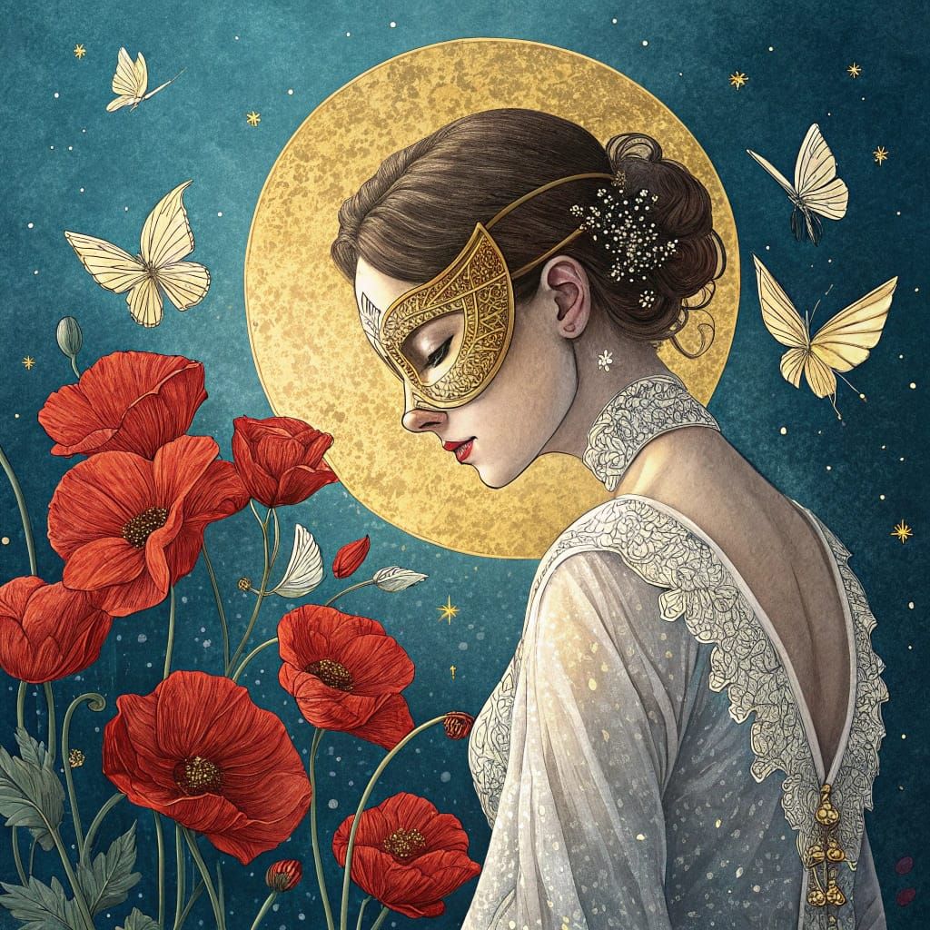 A traditional painting combining realism and fantasy, portraying a masked woman in intricate lace surrounded by oversize...