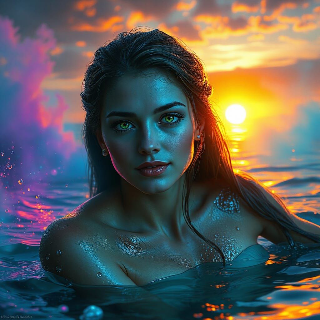 Mystical Mermaid Emerges at Sunset in Vibrant Colors