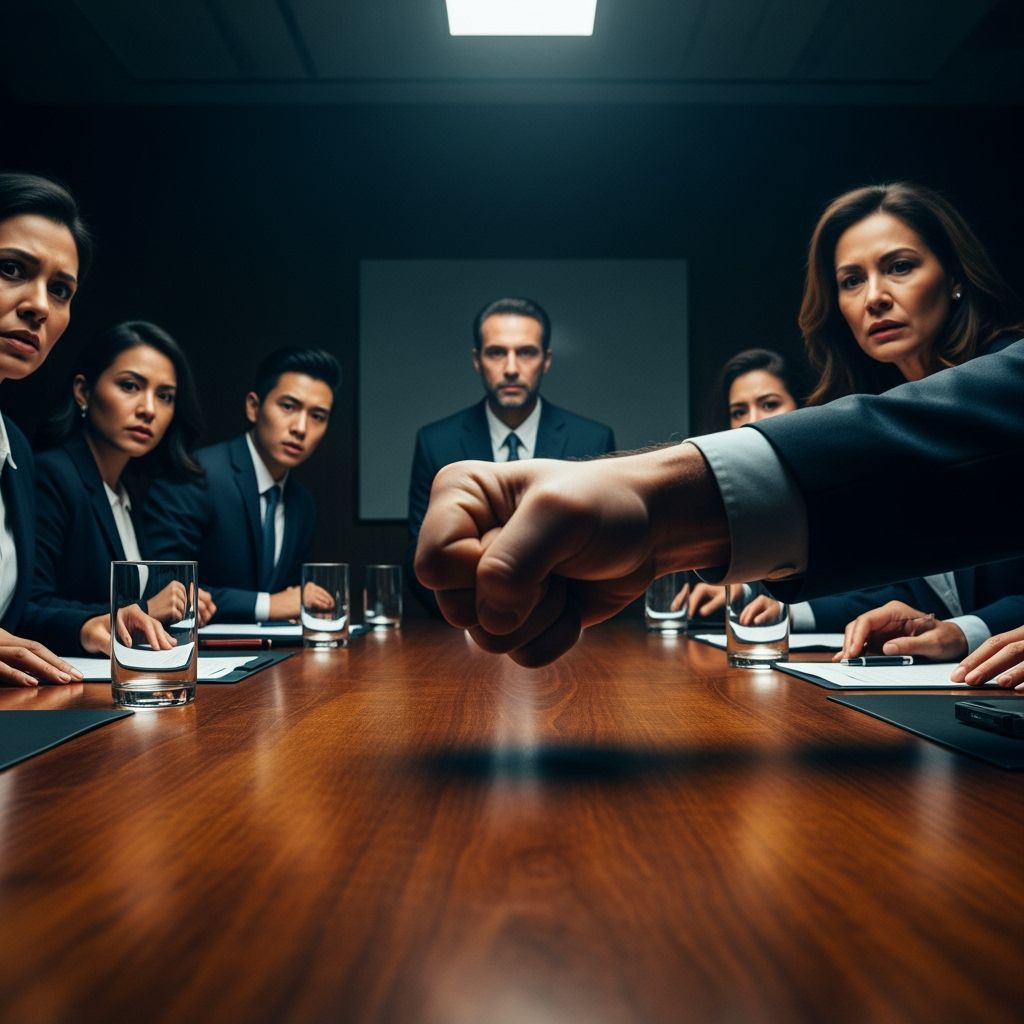 Photorealistic Film Still: Fist Slam on Table