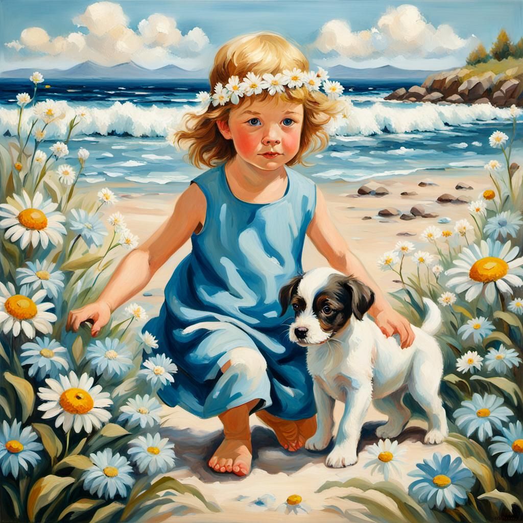 Child and Puppy on Coastal Beach as Oil Painting