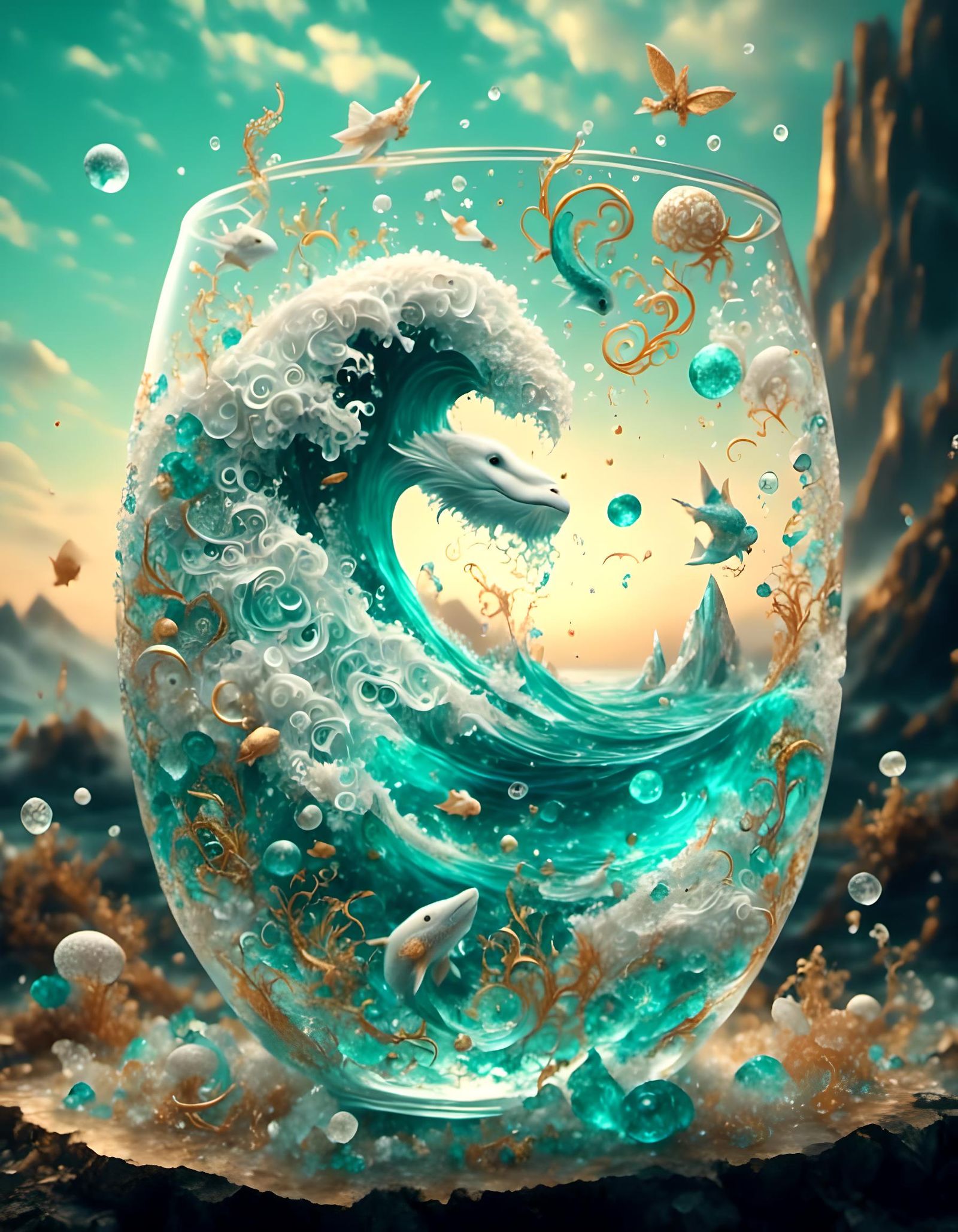 An Ocean with Detailed Fantasy World inside of the Glass of ...