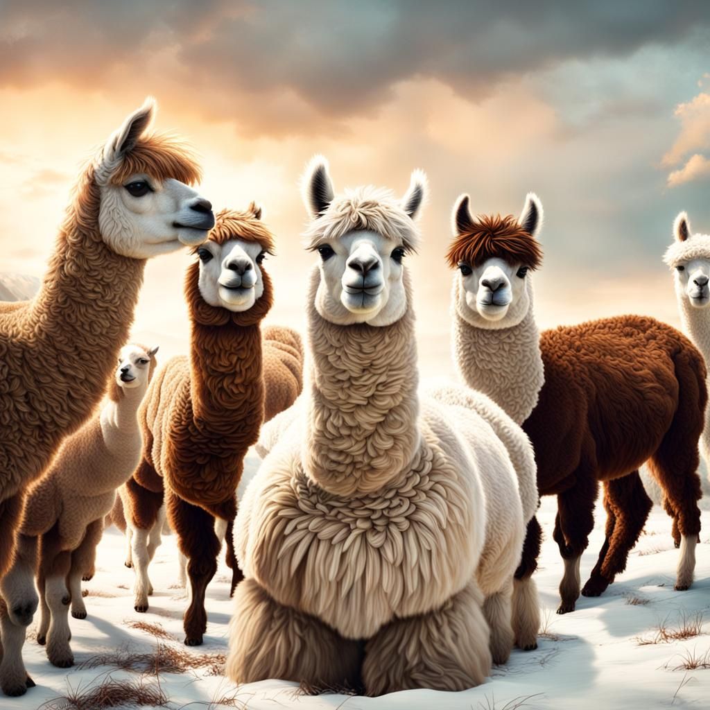 Alpacas Holding Baby Alpaca: Cinematic Digital Painting