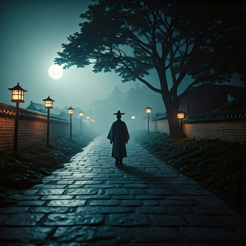 Korean Scholar Walks Misty Path Under Moonlight